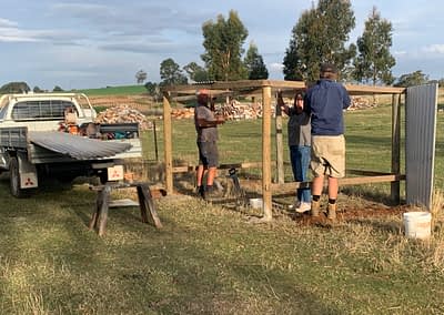 three adults building a wooden cow shelter outside