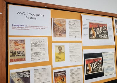 Photo of a classroom display with students writing about propaganda posters